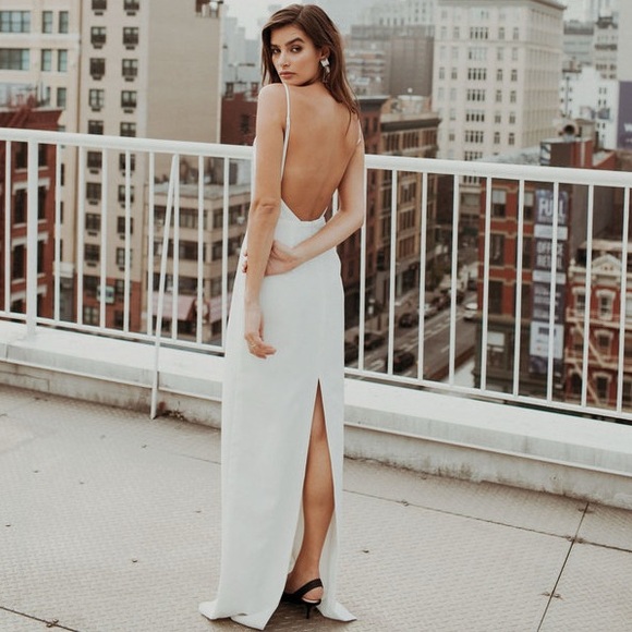 Sarah Seven Roses Floor Length Wedding Dress | Plunge Open Back Column | 6 - Picture 1 of 12